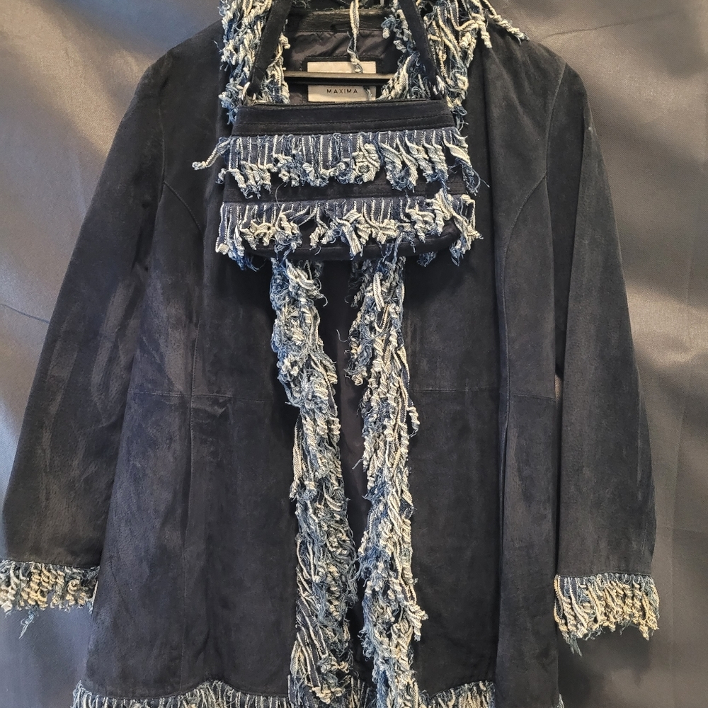 Mid length suede coat with denim fringe and matching hand bag